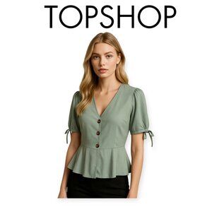 Topshop Sage Tie Sleeve Viscose Blouse NWT Size 2 Chic Button Up Womens